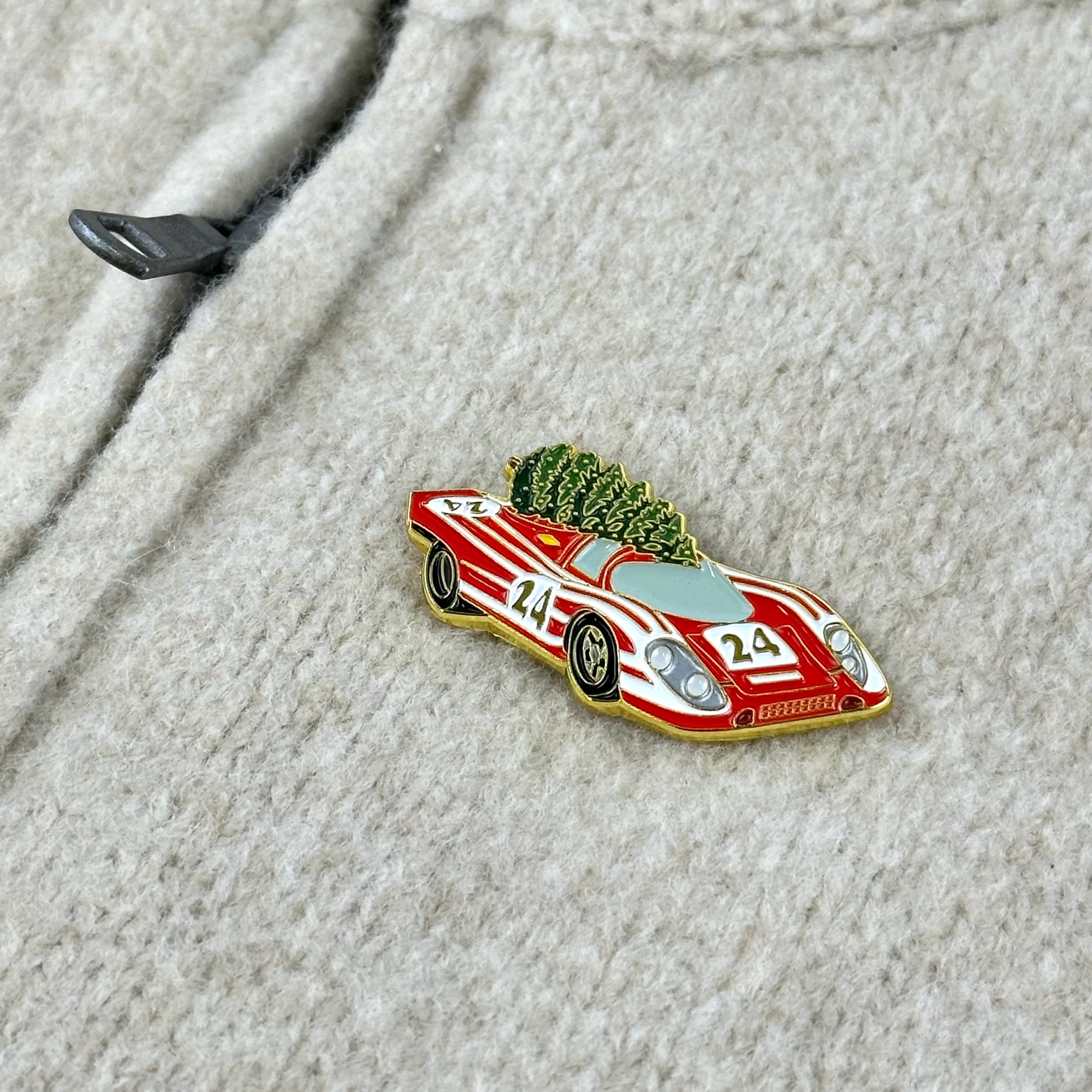 porsche 917 christmas tree rennbetrieb enamel pin on beige pullover