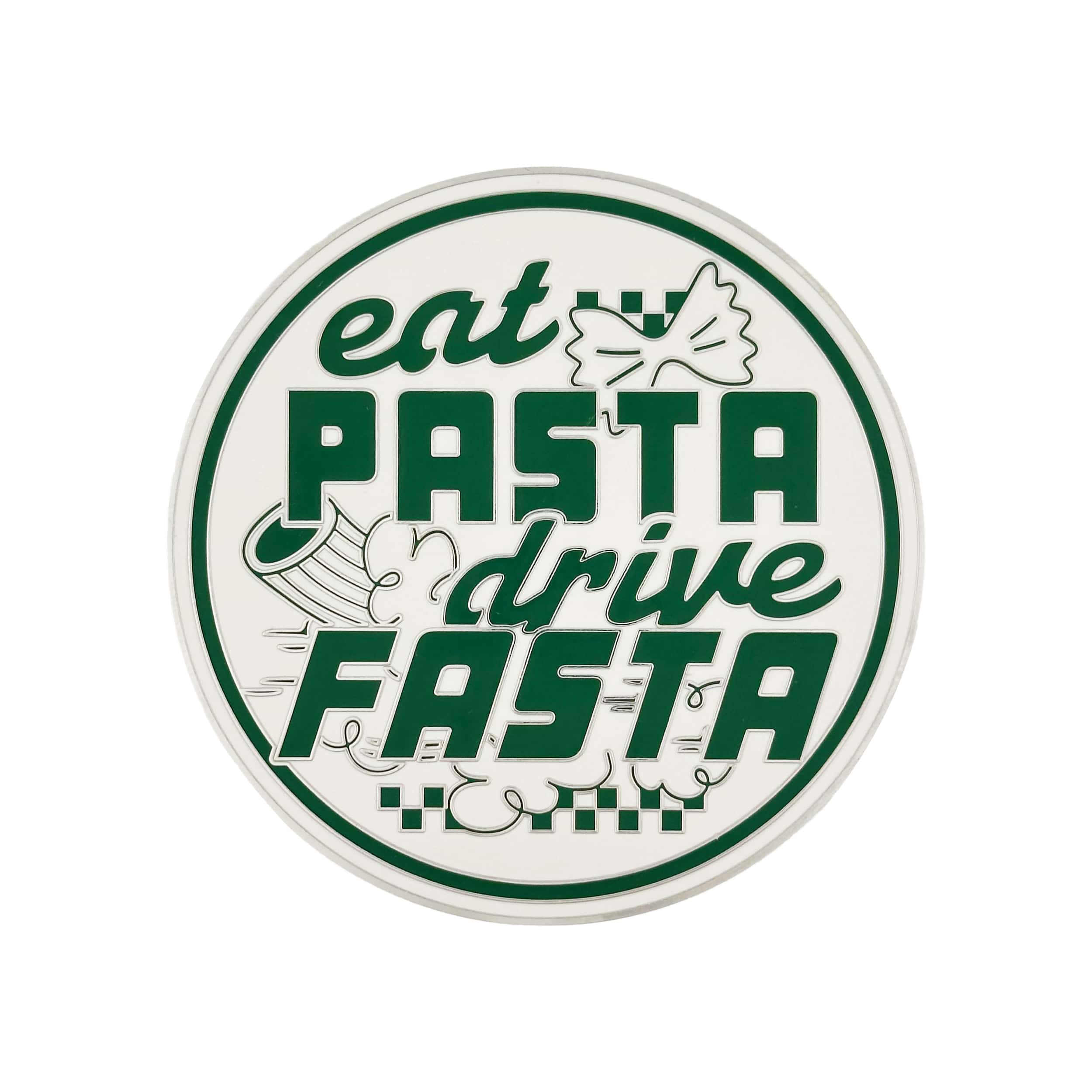 rennbetrieb eatpasta drive fasta enamel cargrill badge red