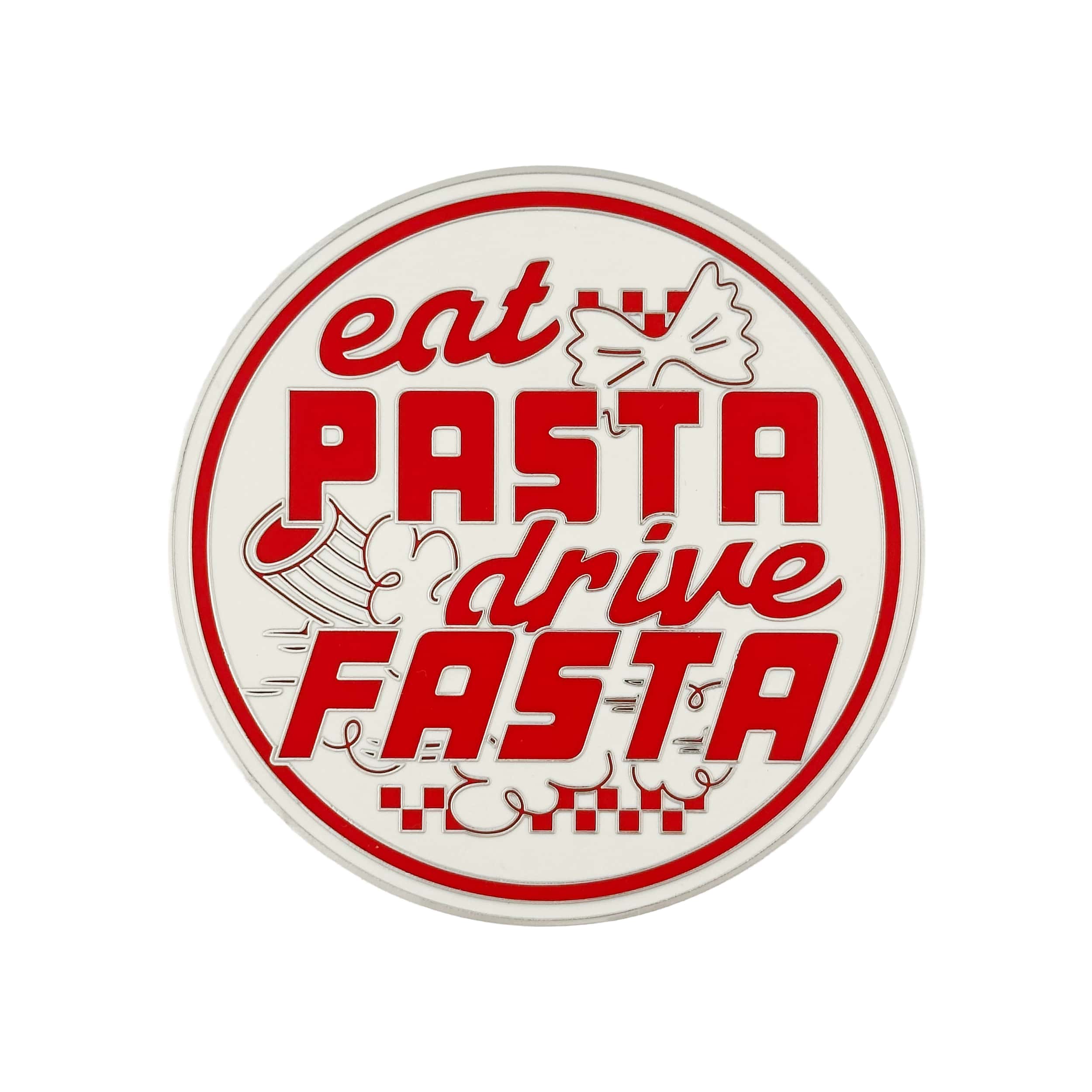 rennbetrieb eatpasta drive fasta enamel cargrill badge red