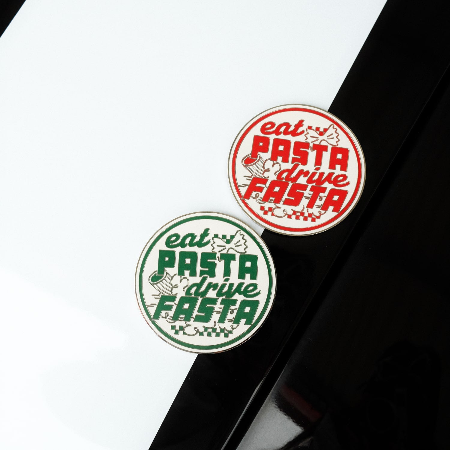 rennbetrieb eatpasta drive fasta enamel cargrill badge